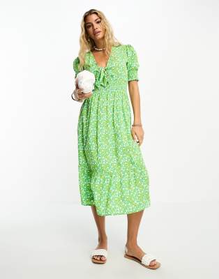 Influence tie front midi dress in bright green floral print | ASOS