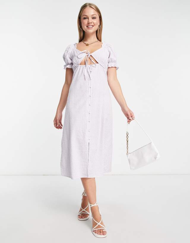 Influence tie front midi dress in lilac gingham