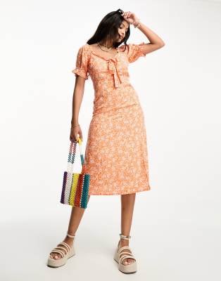 Influence tie front midi dress in orange floral print