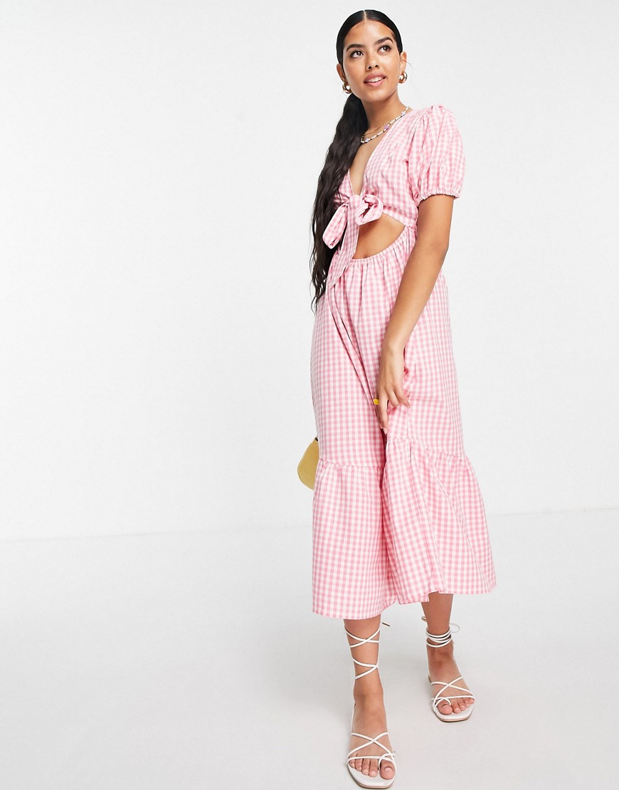 Influence tie front midi dress in pink gingham