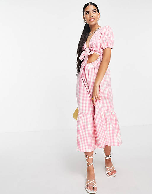 Influence tie front midi dress in pink gingham