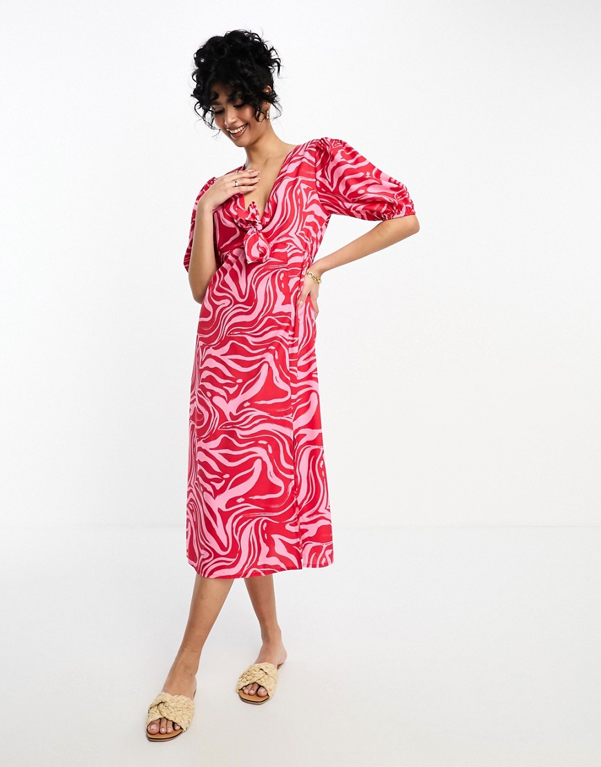 Influence tie front midi dress in red abstract print