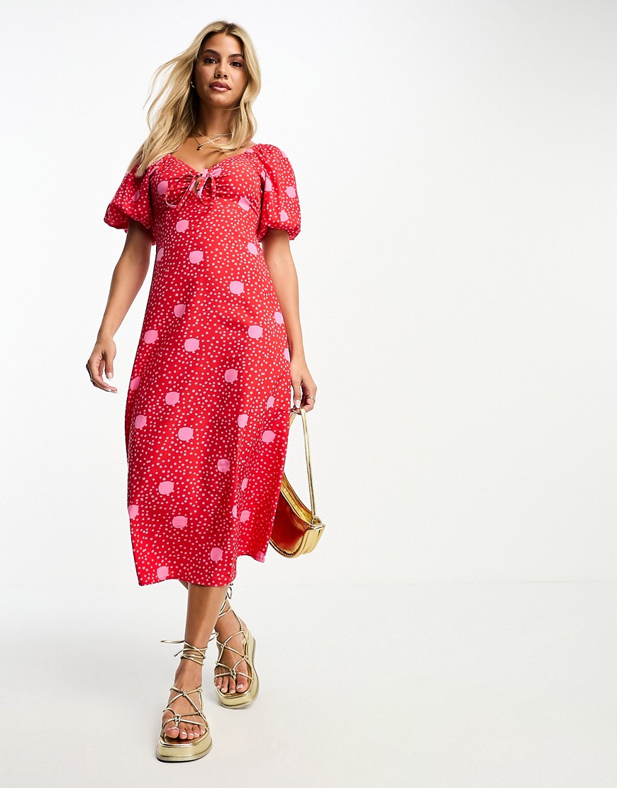Influence tie front midi dress in red polka dot print