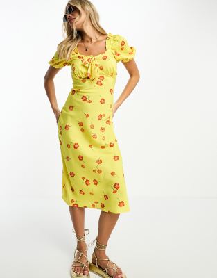 Influence tie front midi dress in yellow floral print