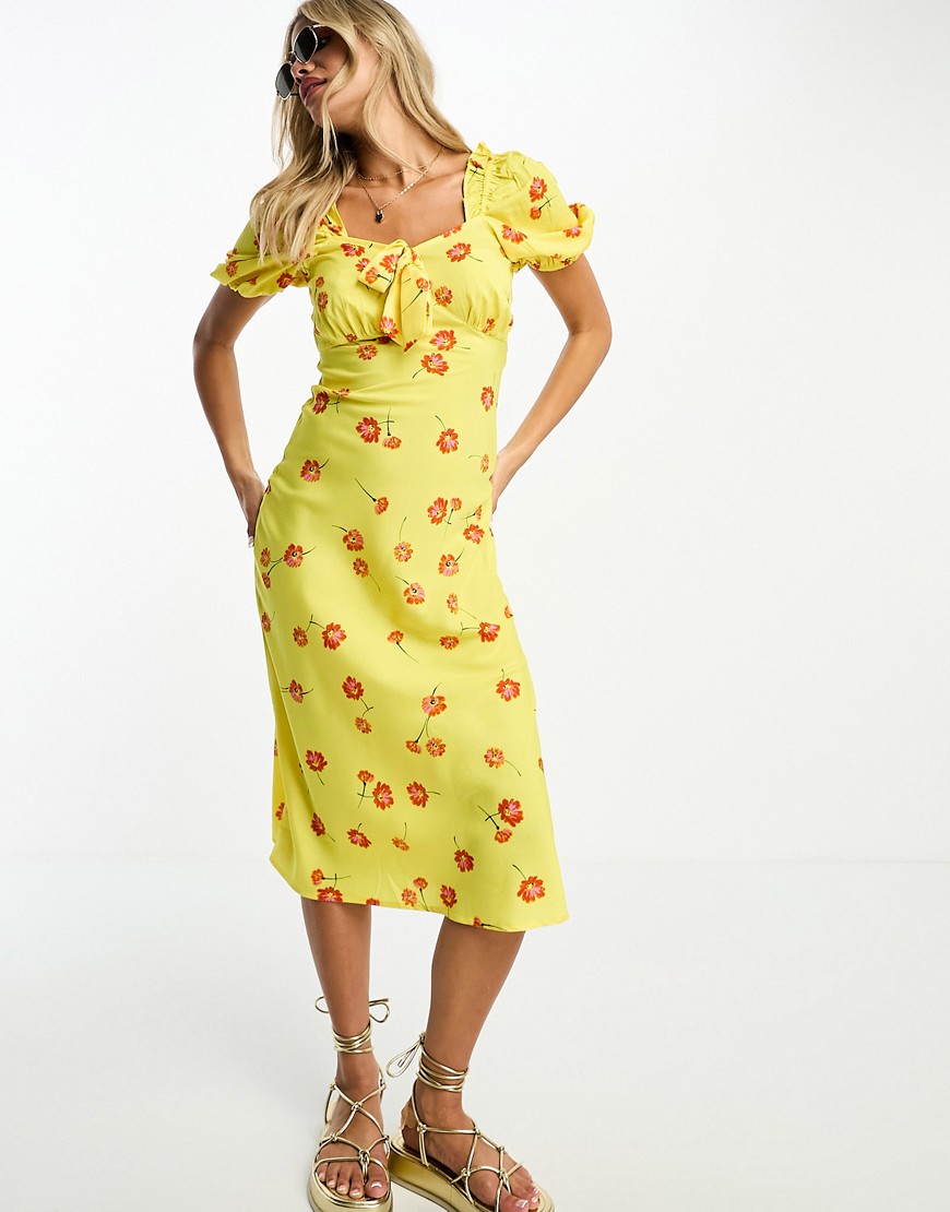Influence tie front midi dress in yellow floral print