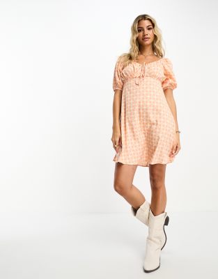 Influence tie front mini dress in gingham orange