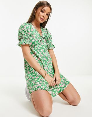 Influence tie front mini dress in green floral print
