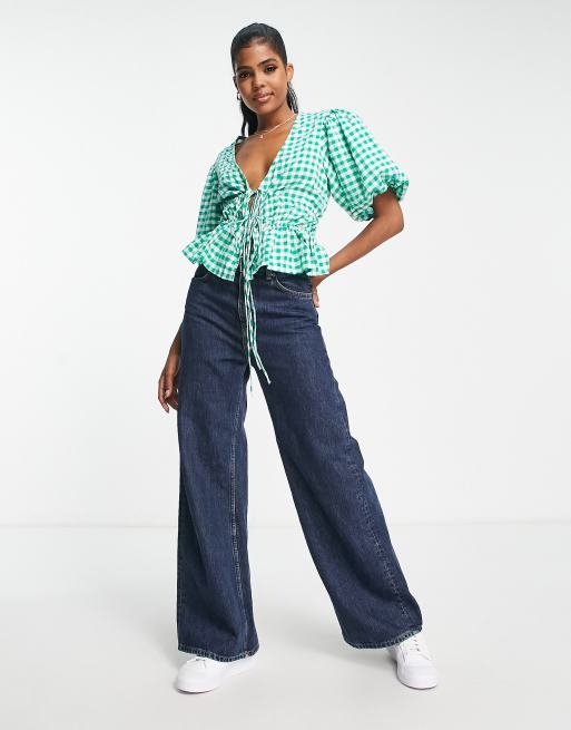 Influence tie front puff sleeve top in green gingham, 2 of 4