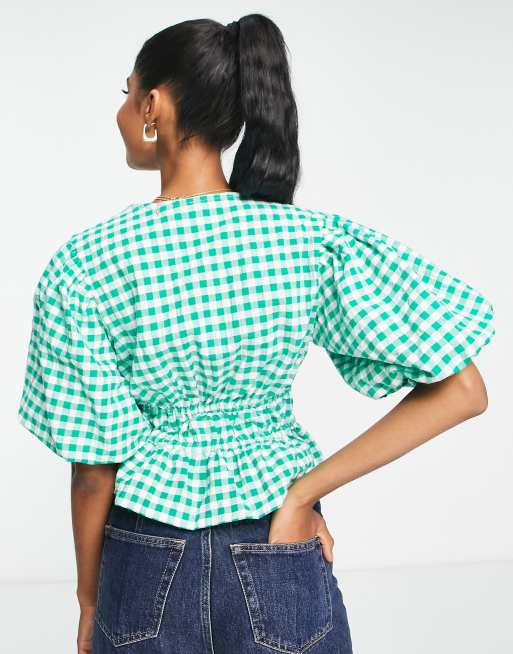 Influence tie front puff sleeve top in green gingham, 3 of 4