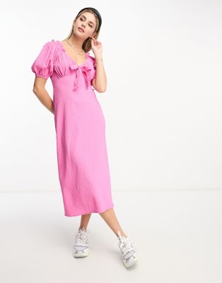 Influence Influence tie front textured midi dress in pink