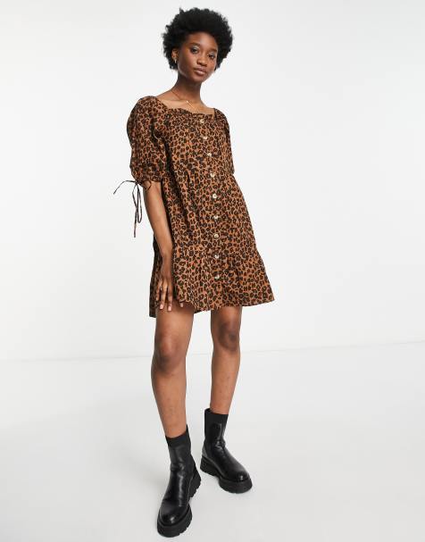 Influence tie puff sleeve button through dress in leopard print