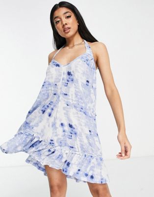 tie shoulder beach dress in blue and white print