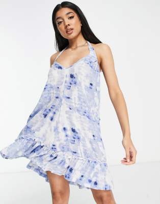 Influence Influence tie shoulder beach dress in blue and white print