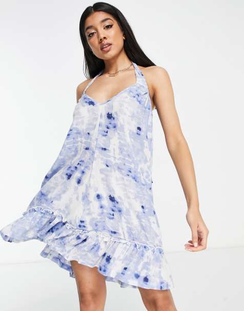 Influence tie shoulder beach dress in blue and white print - view 1