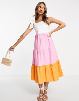 tie shoulder tiered midi dress in color block-Multi