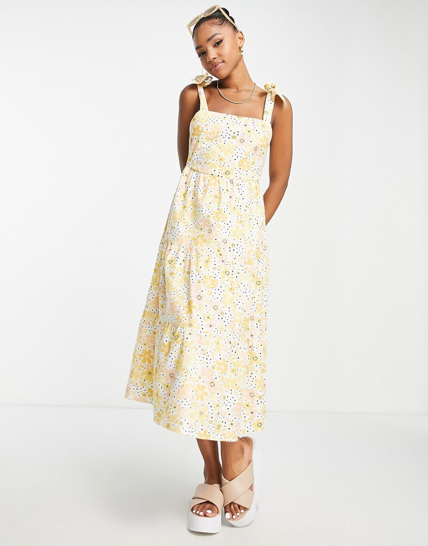 Influence tie shoulder tiered midi dress in floral print-Multi