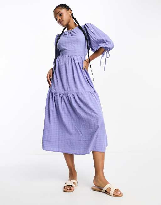 Influence Tie Sleeve Textured Midi Smock Dress In Blue Asos