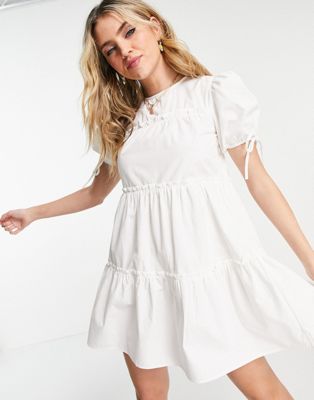 Influence tie sleeve tiered mini dress in white - ASOS Price Checker