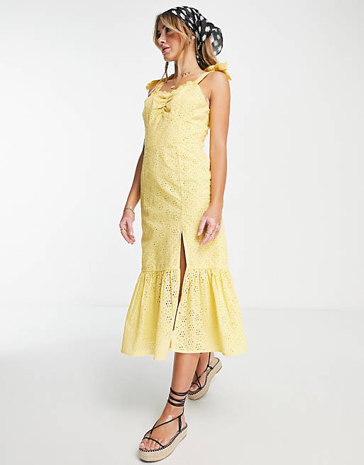 Influence tie strap broderie midi dress in yellow