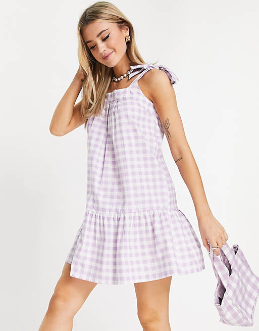 Influence tie strap mini dress in lilac gingham