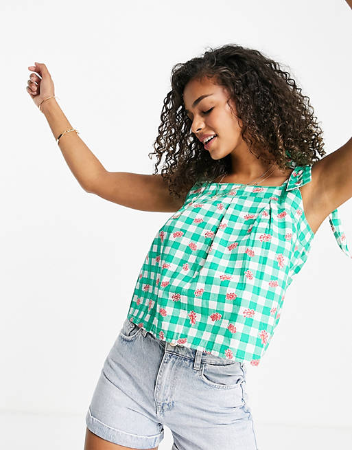 Influence tie strap top in green gingham with floral