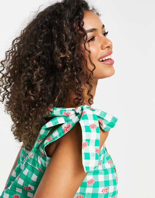 Influence tie strap top in green gingham with floral, 2 of 4