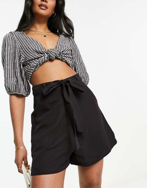 Influence tie waist linen look shorts in black