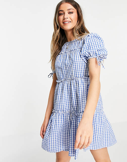 Influence tiered gingham mini dress in blue