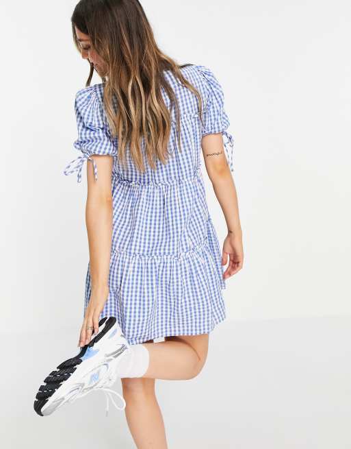 Influence tiered gingham mini dress in blue, 2 of 4