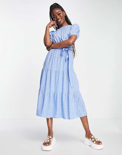 Influence tiered midi dress in blue floral