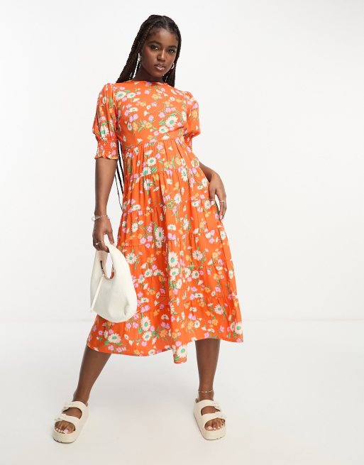 Influence tiered midi dress in orange floral print