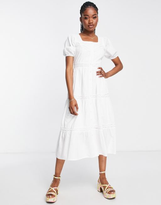 Asos design button through tiered midi hot sale broderie dress