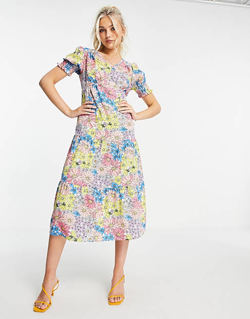 Influence tiered midi dress with strappy back in retro floral print