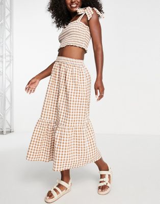 Influence tiered midi skirt co-ord in beige gingham