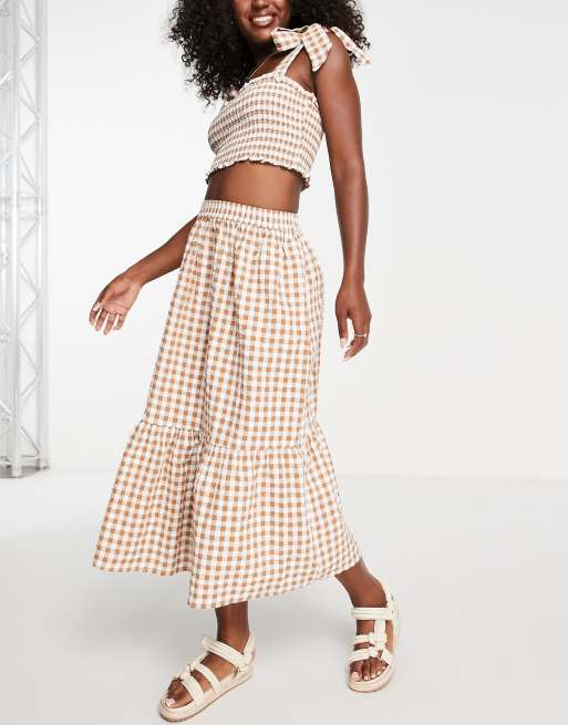 Influence tiered midi skirt in beige gingham part of a set