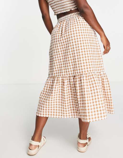 Influence tiered midi skirt in beige gingham part of a set