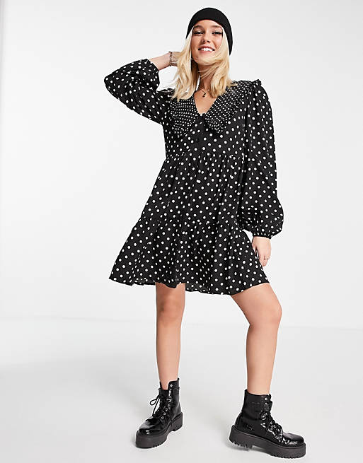 Influence tiered mini dress with collar in black and white polka dot