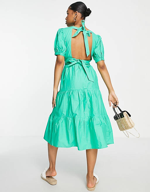 Influence tiered open back midi dress in green