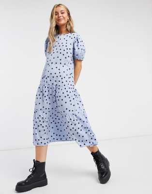 blue and white polka dot midi dress