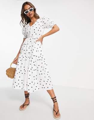 Influence tiered poplin midi dress in white polka dot | ASOS