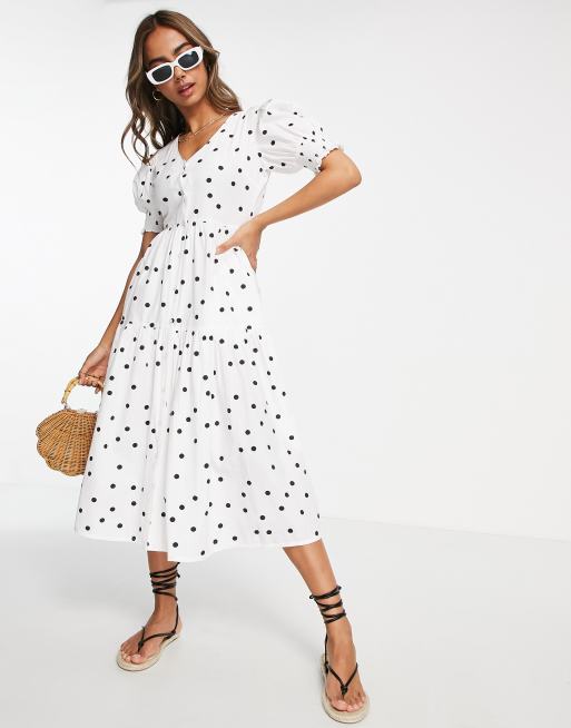 Influence tiered poplin midi dress in white polka dot | ASOS