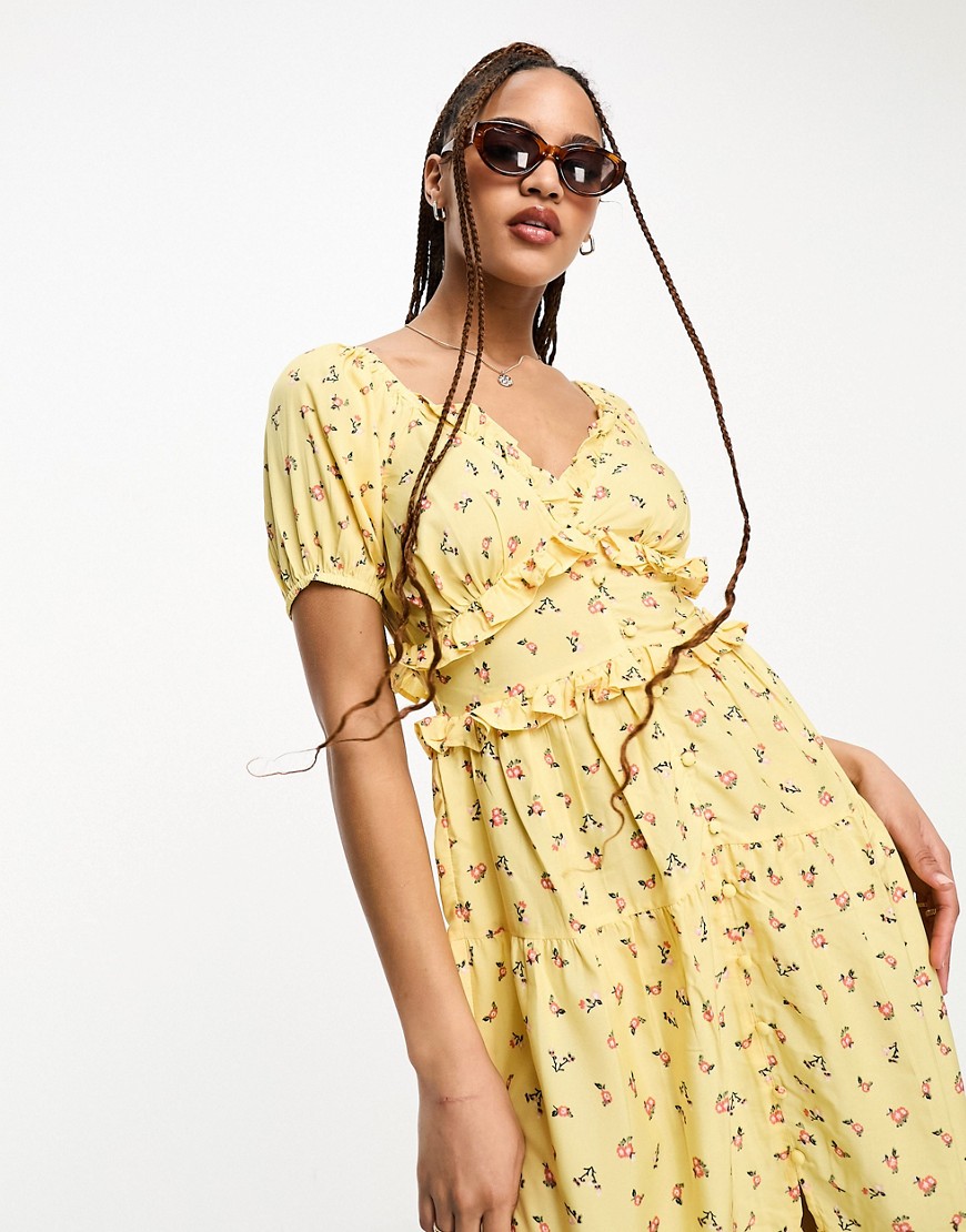 tiered ruffle smock dress in yellow floral print-Multi