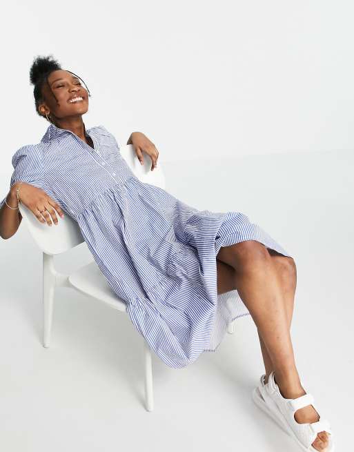 Influence tiered shirt dress in blue and white stripe ASOS