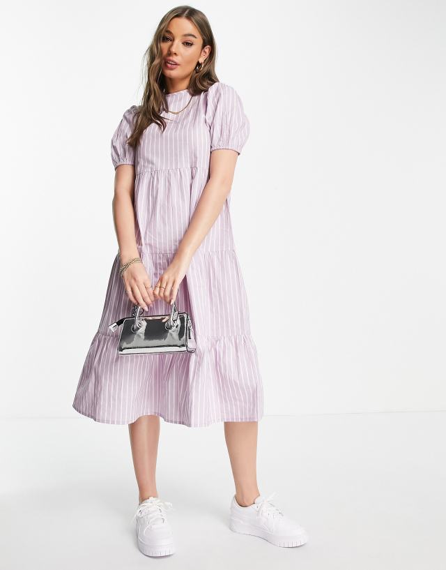 Influence tiered smock midi dress in lilac stripe