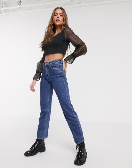 Influence - Top con scollo a V e maniche in organza nero
