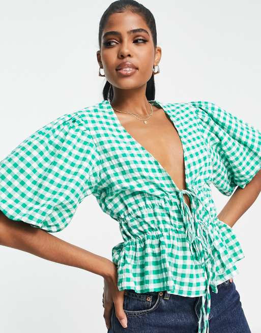 Influence - Top noué devant à manches bouffantes - Vert vichy