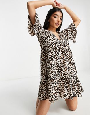 v neck beach dress in leopard print-Brown