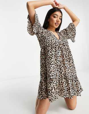 Influence v neck beach dress in leopard print