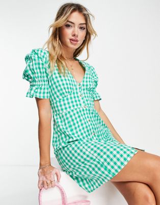 Influence v neck  button down mini dress in gingham green  - ASOS Price Checker