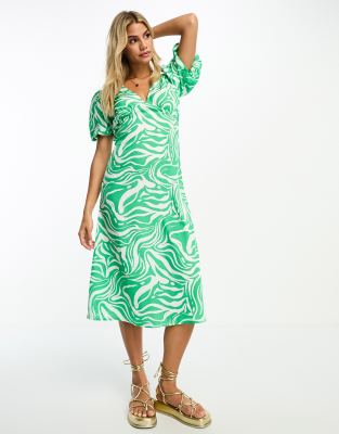 Influence v neck midi dress in green abstract print